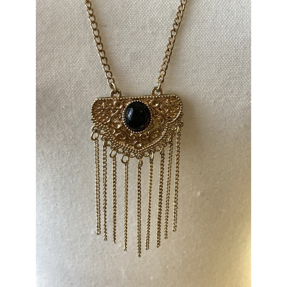 Gold Tone Filigree Necklace Black Cabochon Fringe Pendant Egyptian Revival
